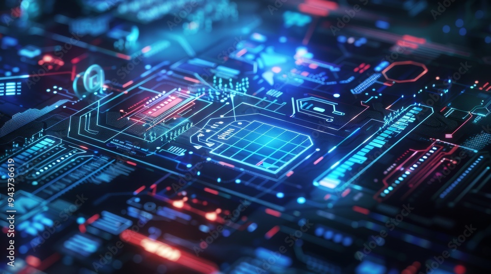 Fototapete Digital cloud computing interface with holographic elements