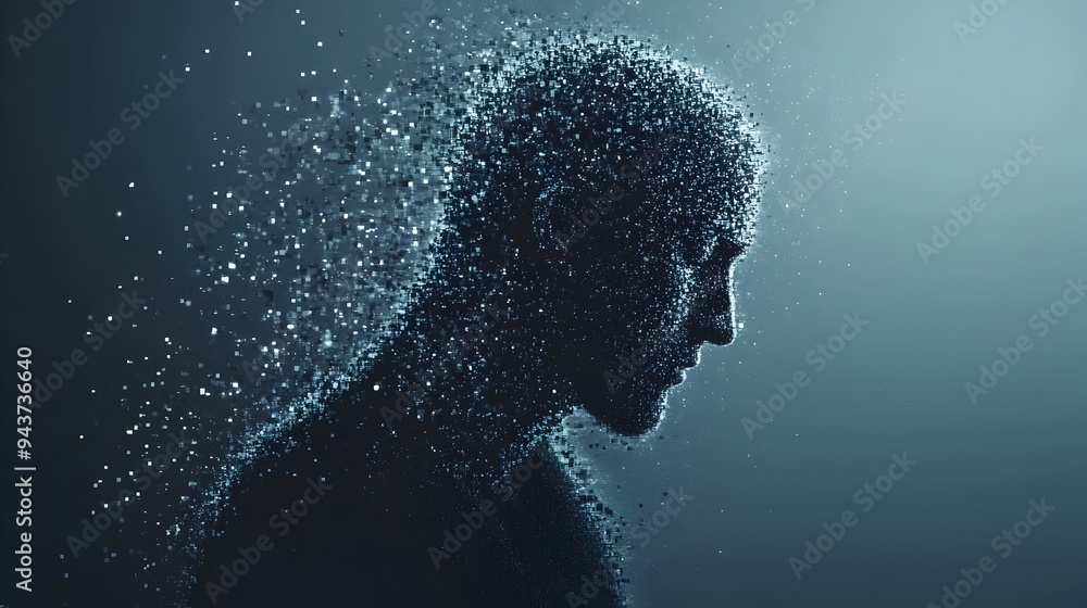 Poster abstract digital of a human figure dissolving into pixels representing the transition from physical 
