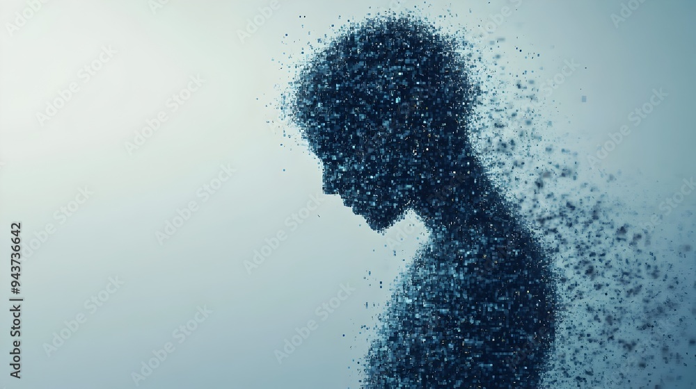 Poster symbolic representation of a human figure dissolving into a field of pixels