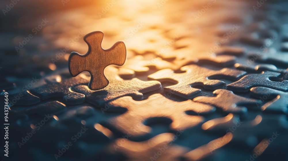 Poster hovering puzzle piece symbolizing the final step to completion and success abstract concept with cop