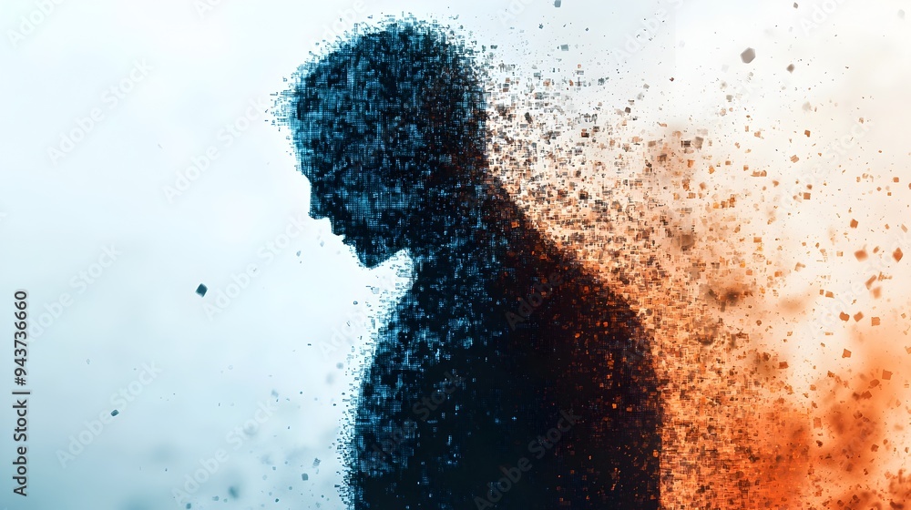 Poster a human figure dissolving into a field of pixels symbolizing the transformation and transition of id