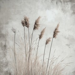 Minimalist Beige Grass on a Rustic White Concrete Wall - Nature Texture Background.