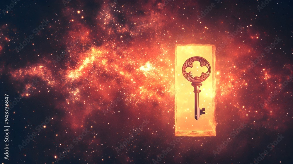Poster key unlocking the door to a vast boundless universe of potential and opportunity symbolizing the unl