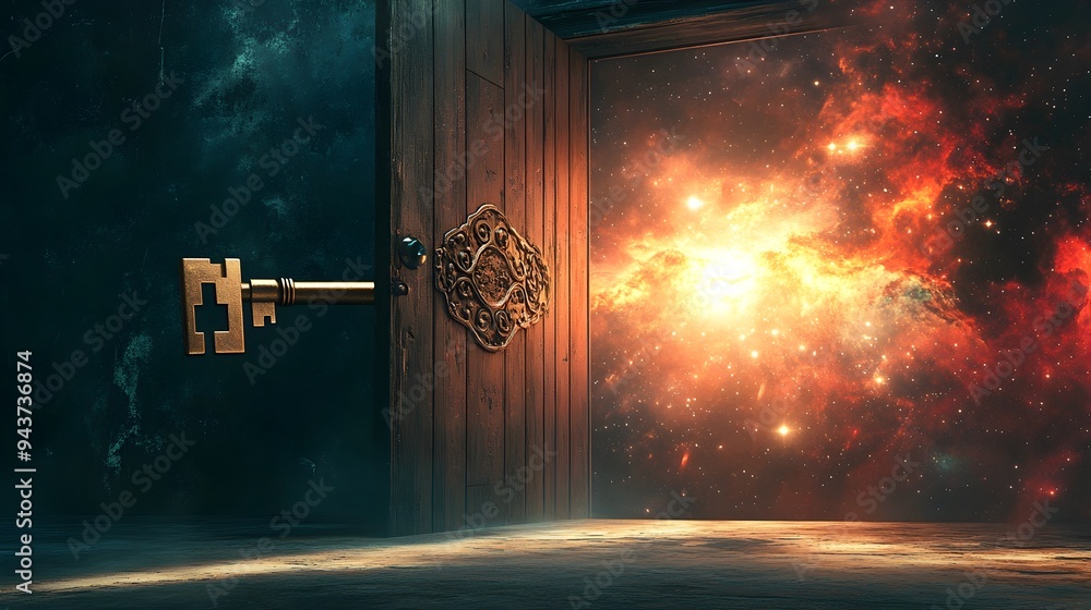 Poster a symbolic image depicting a key unlocking a door that leads into a vast infinite universe represent