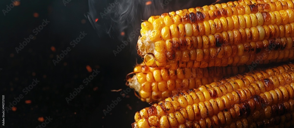 Aufkleber close up image of roasted corn isolated on a black background. with copy space image. place for addi
