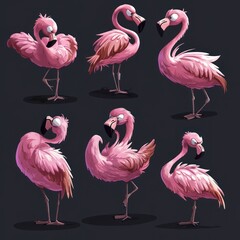 Obraz premium A collection of stylized pink flamingo illustrations in various poses.