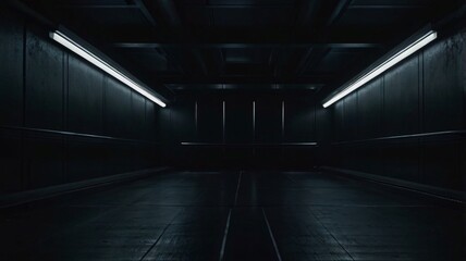 This setting features a stark, dark environment illuminated by faint overhead lights. The shadows and minimalist design evoke a sense of mystery and isolation