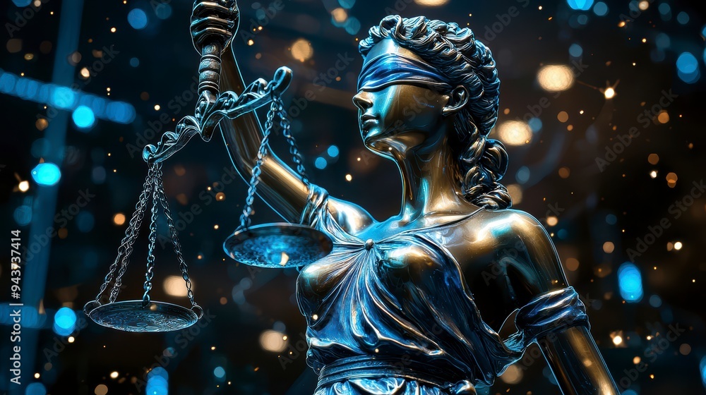 Poster the digital scales of justice against the backdrop of data and code symbolize the rule of law in the