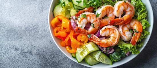 Shrimp salad bowl with mixed vegetables Photo isolated on a grey background top view with copy space
