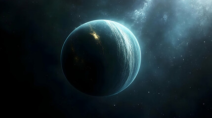 A solitary planet with a blue glow in the vastness of space.