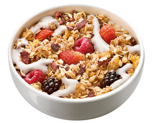 pote com cereal matinal com iogurte, morango, amora e framboesa isolado em fundo transparente