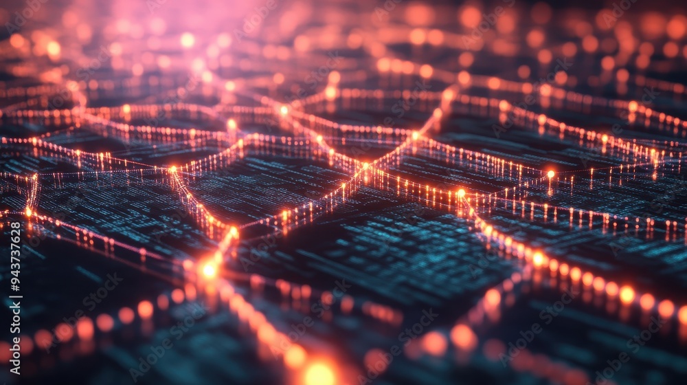 Poster abstract digital network with glowing orange lines and points on blue background.