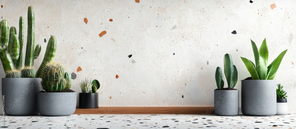 Leinwandbilder Panoramic view of a desk featuring a terrazzo pattern along with a wooden mockup frame and cacti in gray pots. with copy space image. Place for adding text or design