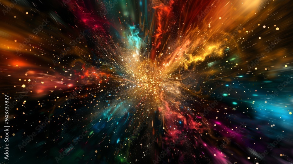 Poster Dynamic and colorful particle explosion against a black background