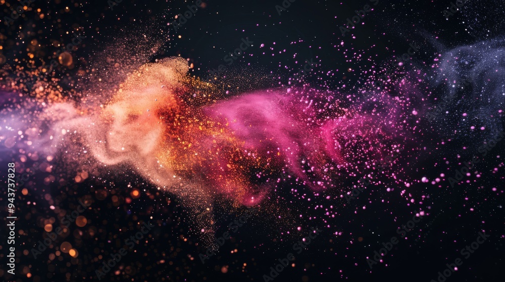 Poster dynamic burst of colorful particles on a black backdrop