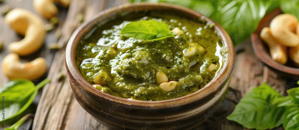Poster Bowl jar containing green chutney sauce dip made from leaves and cashew nuts. with copy space image. Place for adding text or design