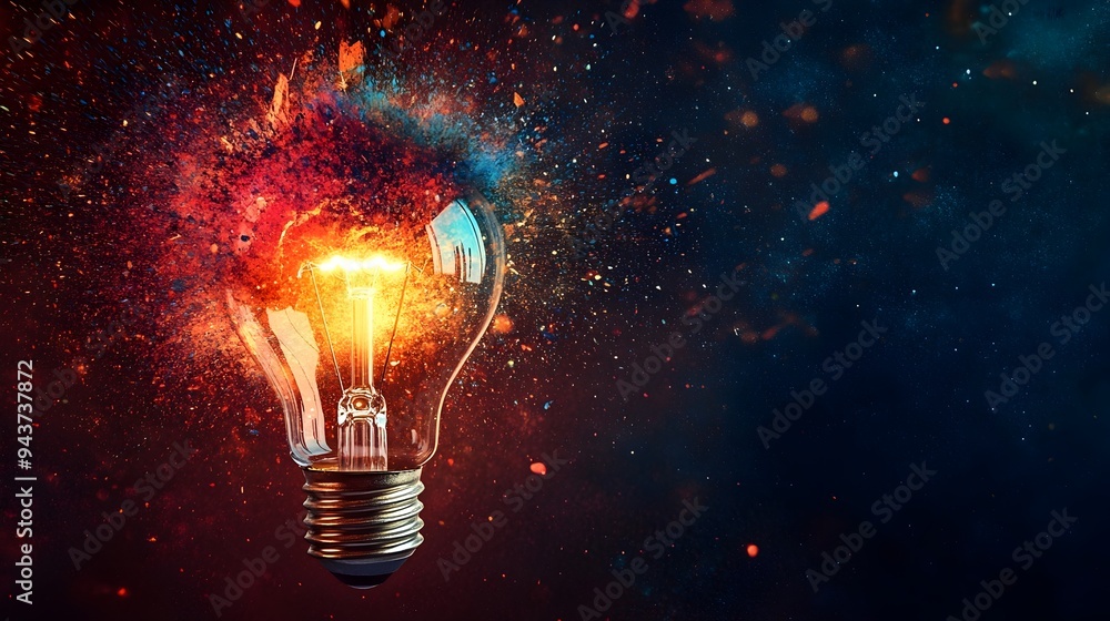 Poster a light bulb shattering into a vibrant colorful burst symbolizing the explosive nature of creativity