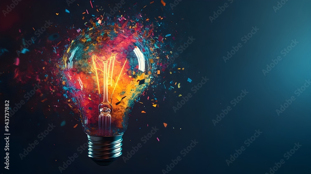 Poster shattering light bulb exploding in a vibrant burst of color symbolizing the creative spark and innov