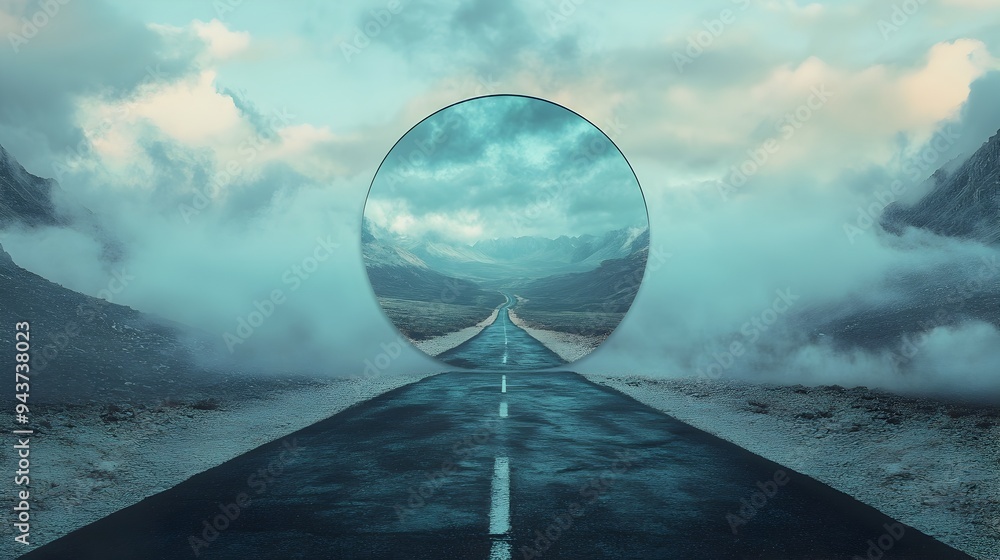 Poster a serene and surreal image depicting a road that seems to vanish into a mirrored surface creating a 