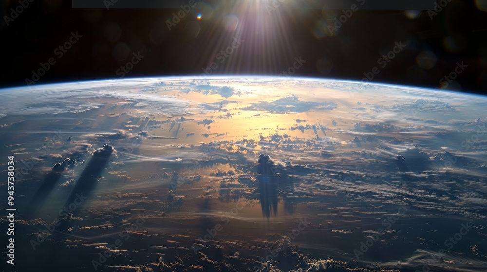 Poster earth from space with sunlight illuminating the atmosphere