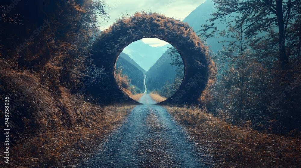 Poster a surreal and minimalist image depicting a road that seems to disappear into a mirrored horizon symb