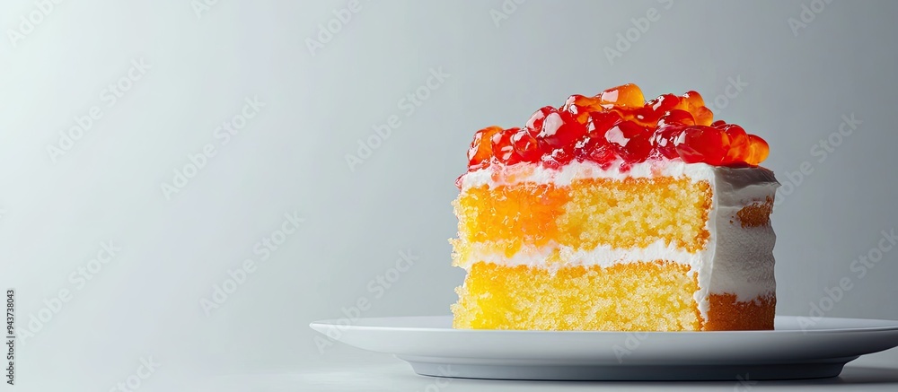 Fototapete cake and sugary jelly on a white backdrop. with copy space image. place for adding text or design