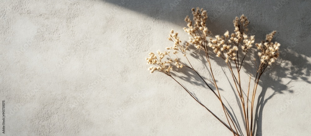 Poster Dried field flowers casting shadows isolated on a grey textured surface background Flat lay Top view Copy space Minimal handmade eco friendly nature inspired concept for bloggers