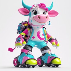 A colorful cartoon cow character on roller skates with a backpack.
