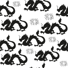 Seamless pattern silhouette Chinese new year with dragons