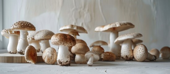 Fresh mushrooms on a painted background with a design Minimalist art Autumn eco friendly bio life concept Copyspace