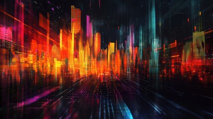 Fototapeta premium Abstract Cityscape with Neon Lights and Glitch Effect - Futuristic Urban Background
