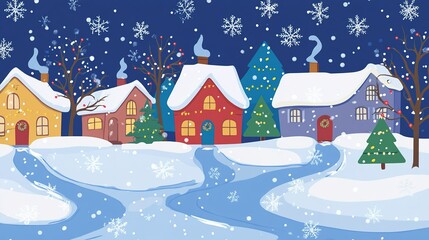 Fototapeta premium Charming winter village with snow-covered houses and evergreen trees on a cozy night