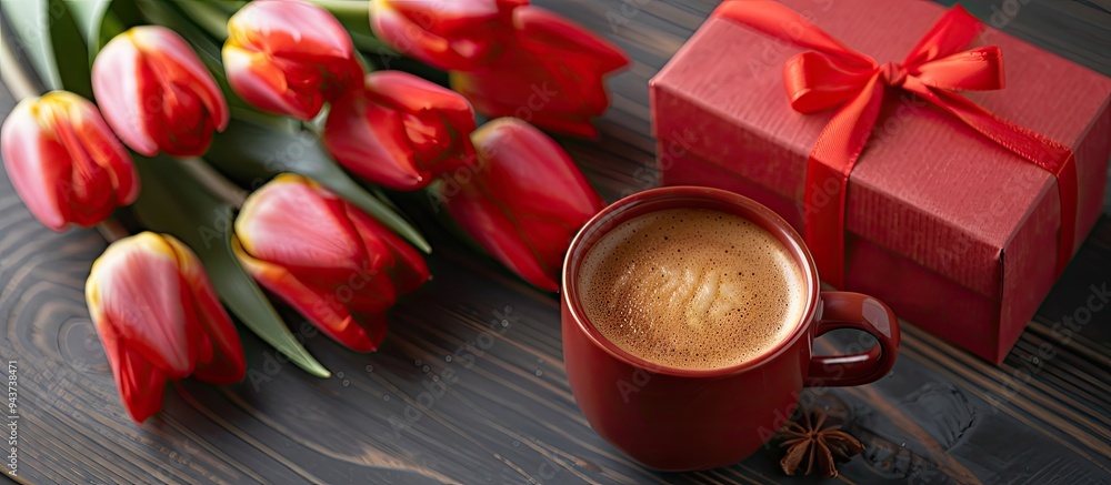 Poster red box in the shape of a heart pink tulips a gray sheet and a coffee mug black background. with cop