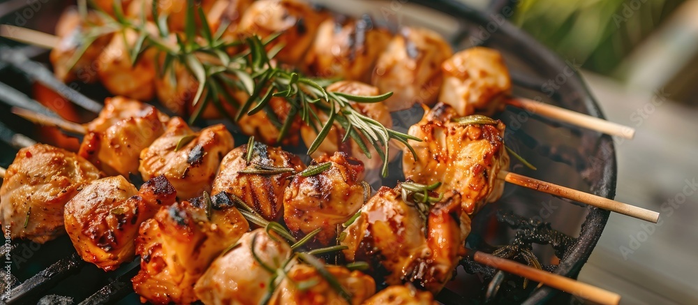 Poster BBQ featuring Rosemary Chicken Skewers. with copy space image. Place for adding text or design