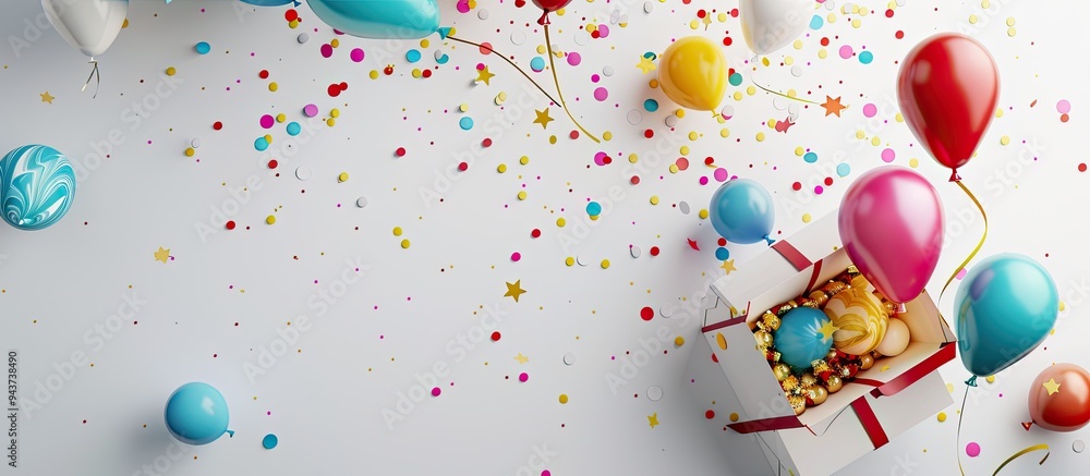 Poster birthday party flat lay featuring vibrant balloons and confetti spilling out of a gift box. with cop