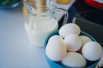 Close up photo of fresh products ingredients cooking meal dish kitchen home house day light indoors
