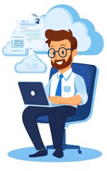 A man using a laptop in a modern office setting, surrounded by cloud technology, symbolizing innovation and productivity.