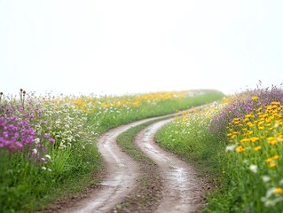 Naklejka premium An old country road with wildflowers along the edges, serene and picturesque, soft focus, isolated on white background