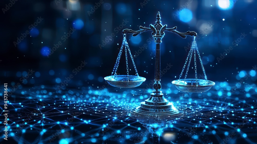 Poster the digital scales of justice against the backdrop of data and code symbolize the rule of law in the