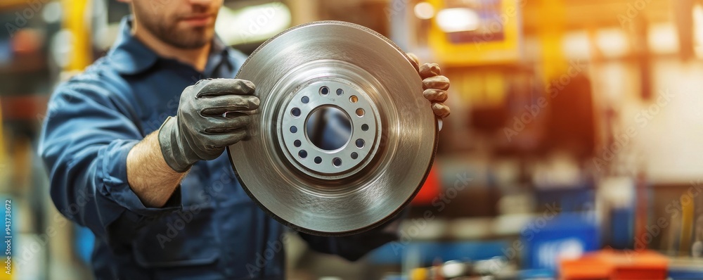 Aufkleber close-up of a mechanic inspecting a brake rotor in a workshop setting, focusing on precision and att