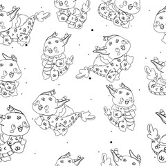Seamless pattern black and white, outline Chinese new year character dragons