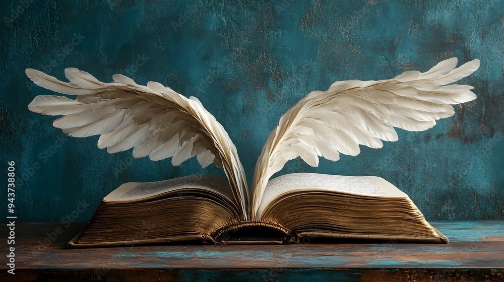 Poster digital of a book with ethereal wings representing the freedom and transformative power of knowledge
