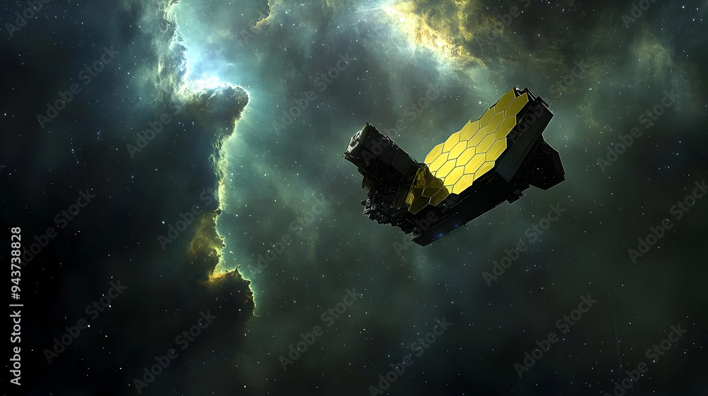 Poster a space telescope with a hexagonal mirror array against a background of nebulae and stars.