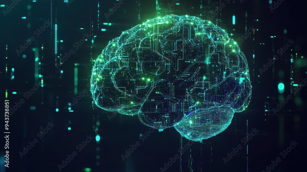Poster abstract digital brain with circuitry and glowing lights - artificial intelligence concept.