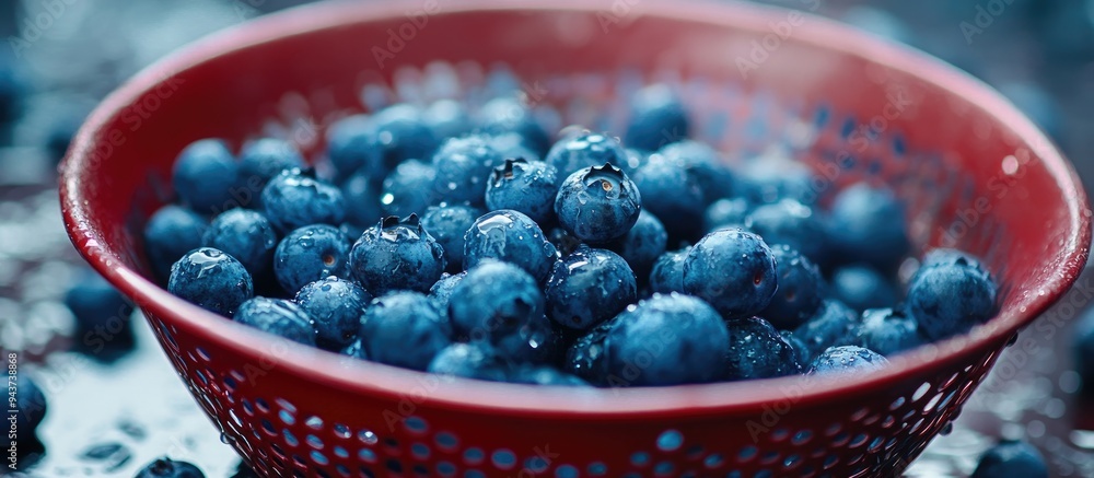 Poster freshly harvested blueberries in a red metal colander. with copy space image. place for adding text 