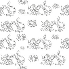 Seamless pattern black and white, outline Chinese new year with dragon