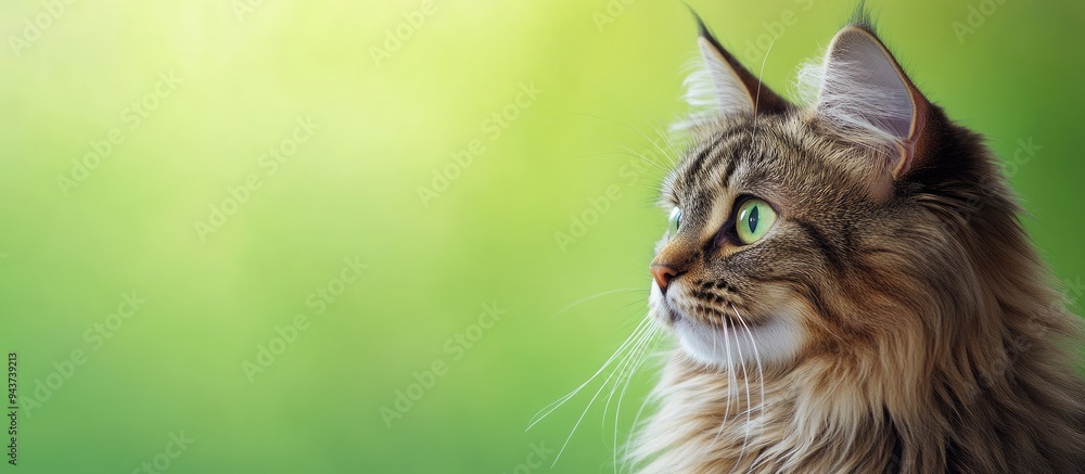Aufkleber Portrait of a long haired tabby cat gazing to the viewer s right with a skeptical look Green background featuring copy space