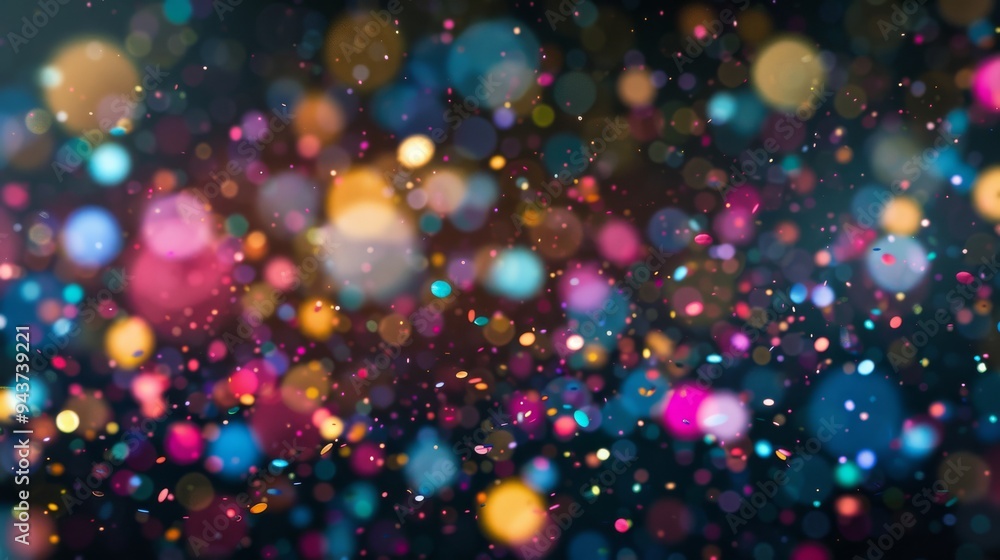 Poster floating particles in multiple colors on a dark backdrop