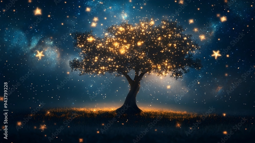 Poster an imaginative depicting a tree whose branches are made of twinkling stars symbolizing the cosmic gr