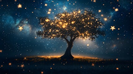 An imaginative depicting a tree whose branches are made of twinkling stars symbolizing the cosmic growth and wonder of the natural world  The ethereal